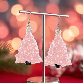 1 Pair Cute Cartoon 2D Christmas Tree Earrings, Suitable For Christmas Wear, Pink Christmas Star Design