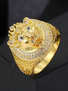 1 件复古风格金狮戒指，铜合金高端金 3D 雕刻狮子设计，带有方晶锆石装饰，单枚戒指 - 适合派对、父亲节、宴会、节日和日常佩戴，是送给男朋友、丈夫和父亲的绝佳礼物 - 皇冠獅子 - 查看 5