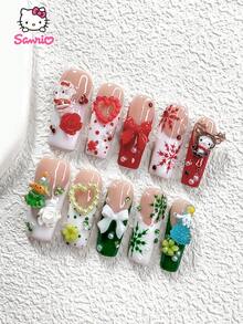 10pcs Christmas Nail Art Set, Including 3D , Cinnamon Dog, Pudding Dog Nail Stickers, French Manicure Stickers, Handmade Snowflake Nail Stickers, Christmas Reindeer, Christmas Tree, Santa Claus, Heart, Bow, Camellia Flower Nail Decorations, Comes With Nail Tools (1 Jelly Sticker + 1 Nail File), 3 Sizes Available: Almond, Duck, Coffin Shape, Suitable For Parties, Christmas, Daily Wear - 彩色 - 查看 19