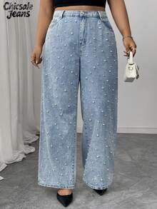 Jeans a gamba dritta con decorazione in perle per taglie forti donna