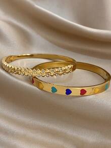 优雅简约心形手镯 金色细手镯 女士可叠戴不锈钢手镯 万圣节圣诞节派对套装 珠宝礼品