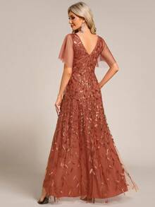 Elegant Sequin Embroidered V-Neck Floral Sequin Gown, Suitable For Galas, Parties, Wedding Guests, Formal And Semi-Formal Occasions Party - Burnt Orange - View 3