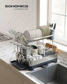 Dish Drying Rack, 2-Tier Dish Rack For Kitchen Counter With Rotatable And Extendable Drain Spout, Dish Drainer With Utensil, Cup, Glass, Cutting Board Holders, Silver And Black/Silver And Grey - Grey - View 1