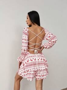 Sexy Backless Tie-Up Lantern Sleeve Dress, Elegant Pleated Jumpsuit, Suitable For Bars, Parties, Home