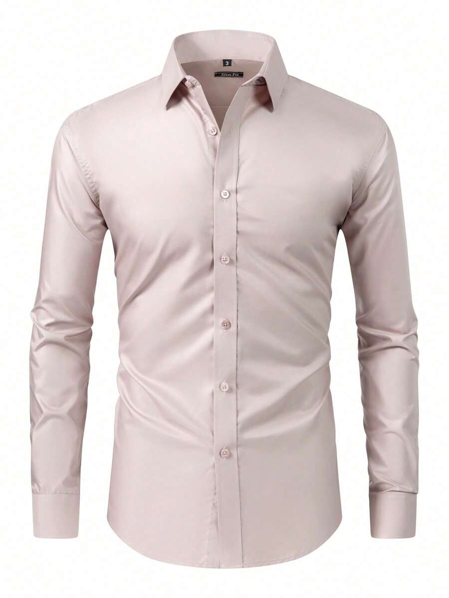 Men's Long Sleeve Dress Shirt Office Casual Good Quality Slim Fit With Spandex - 米色 - 查看 1