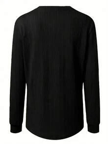 大码女式V领优雅长袖纽扣纹理面料休闲秋冬服装 - 黑色 - 查看 2