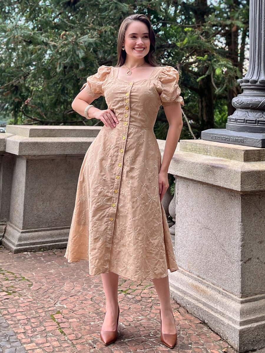 Women's Midi Dress, Casual, Elegant, Cotton, Daily - Beige - View 1
