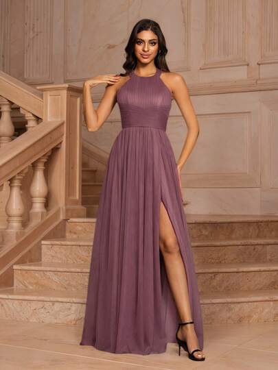 MOEVIO Women's Elegant Halter Neck Backless Ruched A-Line Mesh Button Closure Maxi Formal Wedding Guest Bridesmaid Bride Shower Birthday Graduation Dress, Luxury Evening Dresses For Women, Birthday Women Outfits, Fall Winter Back To School Halloween Christmas New Year Spring Festival Gown