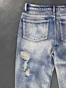 Men's Distressed Vintage Indigo Washed Flare Leg Jeans, Extra Long Baggy Loose Fit Flared Pants With Ripped Holes & Tie-Dye Details. Overall Dimensions Are Oversized, Recommend Ordering One Size Down Based On Your Measurements. - Medium Wash - View 4