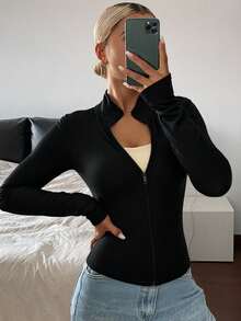 Livesso Slim Fit Sports Running Yoga Long Sleeve Jacket - Black - View 1