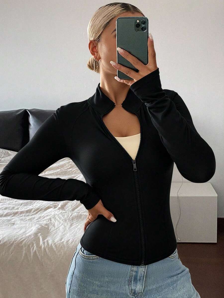 Livesso Slim Fit Sports Running Yoga Long Sleeve Jacket - Black - View 1