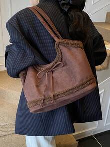 Bolso de mano de ante y piel sintética vintage para mujer, nueva bolsa de hombro con lazo de gran capacidad 2025, bolso de transporte debajo del brazo