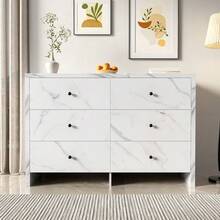 Sideboard, Eleganter Aufbewahrungsschrank mit Marmor-Optik, 120 cm, 6 Schubladen und schwarzem Holzgriff, Anti-Kipp-Vorrichtung - Modernes Möbelstück für Ihr Zuhause