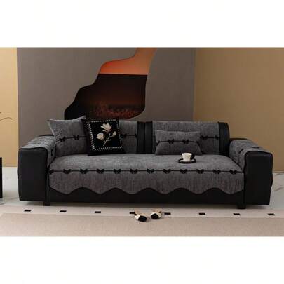 1pc European Style Fresh Asymmetrical Sofa Cushion Cover, Bow Trim Inlaid, Chenille Texture Sofa Pad, Luxury Minimalist Sofa Slipcover, Protect Sofa, Anti-Slip Anti-Dust Anti-Scratch, Decorate Sofa, Suitable For Bedroom Living Room Office Study, Machine Washable, Universal Sofa Cover