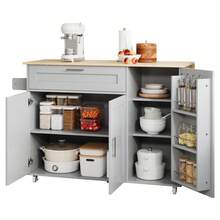 132.5*L44(70)*H90cm Mobile Kitchen Table, Folding Countertop, Oak Grain, Multifunctional Cabinet, Spice Rack, Towel Rack, 5 Rolls, Suitable For Kitchen/Dining Room/Home - Gray + MDF + European - View 7