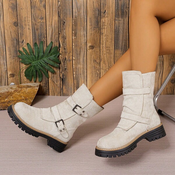 Stivaletti alla caviglia da donna, colore unito, tacco chunky caldo, antiscivolo, casual e alla moda