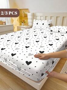 2/3pcs Printed Fitted Sheet Set, Bedding, Bed Sheets Set, Christmas Decorations, Soft And Comfortable Bedding, Skin-Friendly Bed Cover Set, Hallowen Decor, Fall Decor, Mattress Protector For Bedroom, Room Decor, For All Season, Fits Twin Full King Queen Size Bed, 1 Fitted Sheet And 2 Pillowcases, Machine Washable - Full Of Love - View 2