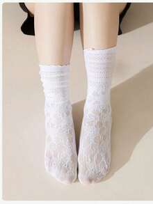 1 Pair / 2 Pairs / 3 Pairs Women Thin Lace Hollow Out Crew Socks With Ruffle Trim, Casual Mid-Calf Socks For Daily Wear, Fall - Multicolor - View 10