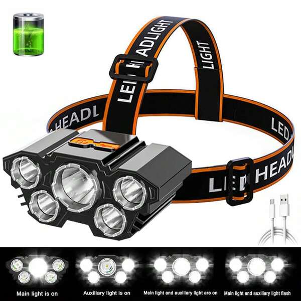 5 LED Headlamp Rechargeable, USB Head Mounted Flashlight, Camping And Fishing Headlight For Home Outdoor Hiking Camping Night Fishing Mountain Climbing Cycling Hunting Emergency Lantern, Portable With 3 Modes, With Charging Cable