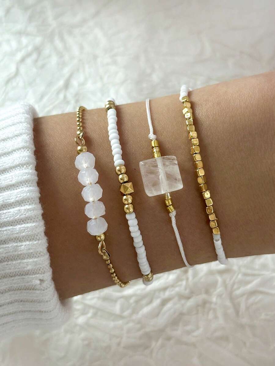 4 piezas Pulsera elástica con cuentas de arroz CCB y cristal sintético, accesorios de moda minimalista y estilo de playa personalizado para mujeres (cuentas de arroz surtidas, sin posicionar)