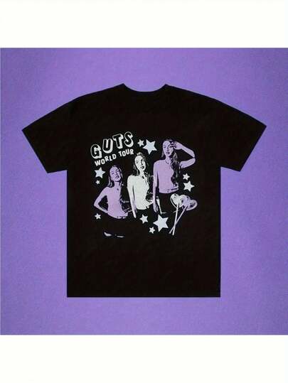 Camiseta gráfica retro Olivia para hombres y mujeres - Diseño vintage negro con estrellas, camiseta de cuello redondo de ajuste holgado para conciertos, ropa de calle diaria - Camisa casual para todas las estaciones para hombres y mujeres, atuendo de concierto, ajuste cómodo, moda urbana, material duradero, camiseta de manga corta, amantes de la música, moda urbana, tela de alta calidad, ropa unisex, entusiastas del estilo urbano