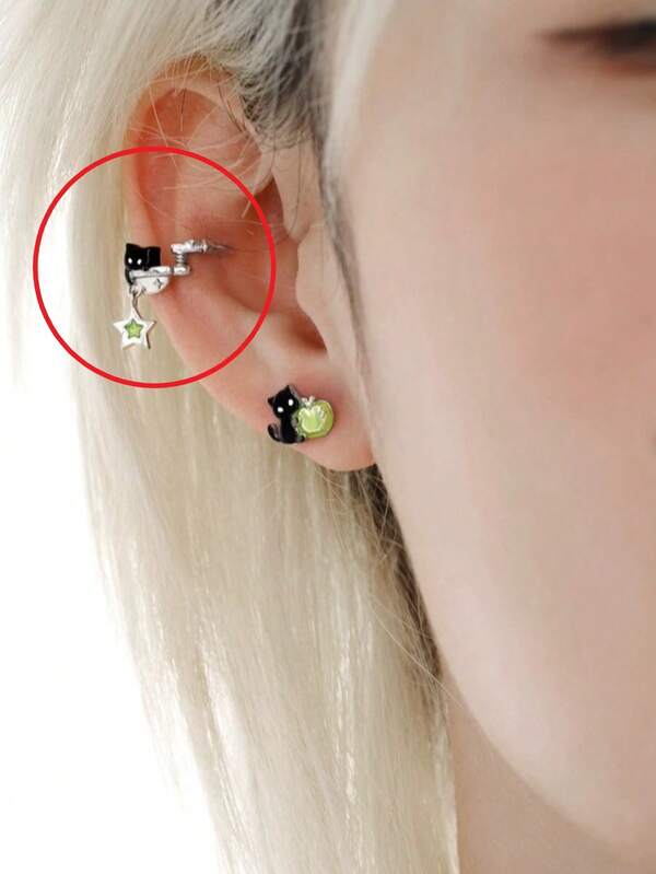 2pcs (1 Pair) No Piercing Black Cat, Green Apple, Star Ear Cuffs, Stylish Ear Clips