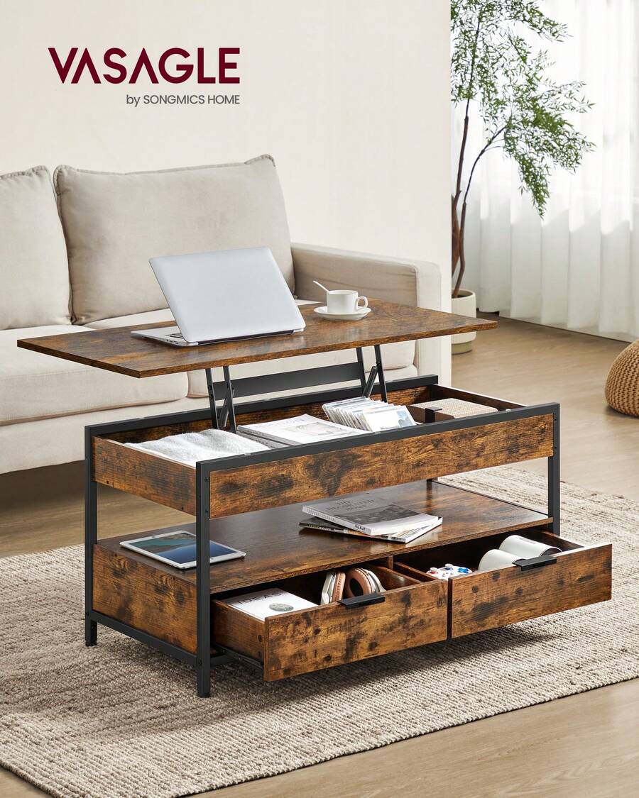 Lift Top Coffee Table, Living Room Table, With Storage Drawers, Hidden Compartments, And Open Shelf, Rustic Brown And Ink Black - Brown - View 1