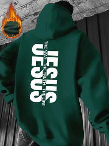 K-GLORY 男士抓绒连帽衫，新款秋冬街头风英文标语印花套头卫衣 - 綠色 - 查看 1