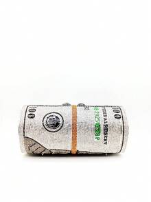 奢华全水晶女士叠叠现金晚宴包水钻手拿包钱单肩包美元钞票钱包，女士钻石手拿包，最佳礼物 - 黑與白 - 查看 8