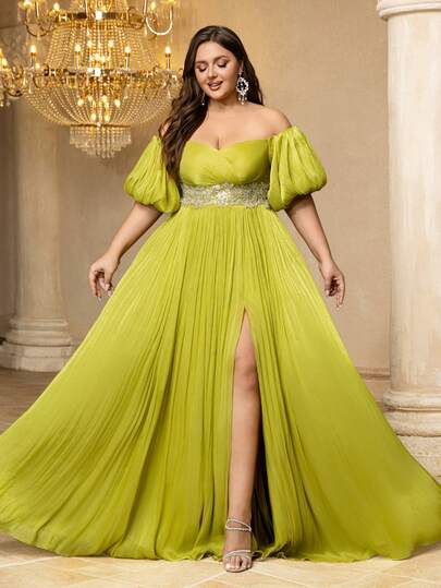 UNITHORSE Vestido elegante de noche de gasa de manga farol con hombros descubiertos y aplicaciones, con abertura lateral alta, ajuste ceñido para mujer UNITHORSE Plus