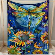 Dragonfly And Floral Print Soft Fleece Throw Blanket Colorful Lodge-Themed Cartoon Design Polyester All-Season Knitted Cozy Flannel Blanket Gift280gsm Room Decor Home Essentials Decor Bedroom