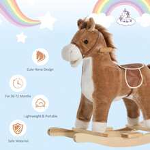 QABA Rocking Horse Plush Animal On Wooden Rockers With Sounds, Wooden Base, Baby Rocking Chair For 36-72 Months, Brown - Brown - View 5