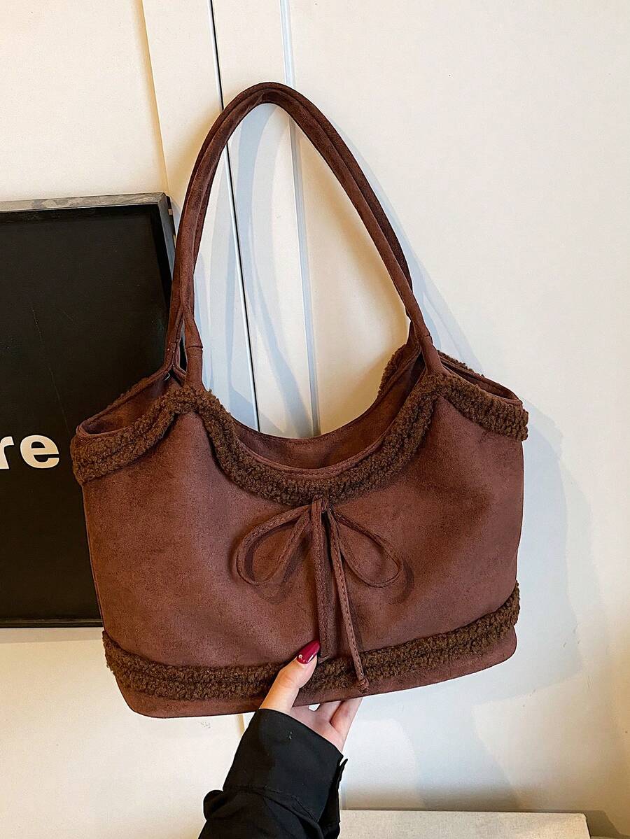 Bolso de mano de ante y piel sintética vintage para mujer, nueva bolsa de hombro con lazo de gran capacidad 2025, bolso de transporte debajo del brazo