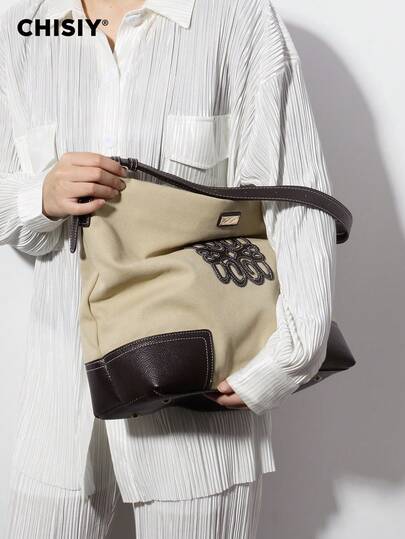 Handmade Lychee Texture Color Block Wide Strap Khaki Fabric & Faux Leather Casual Canvas Tote Bag, Minimalist Style, Large Capacity, Adjustable Strap, Zipper Closure, Suitable For Office Lady, Business, Shopping, Travel, Spring/Summer