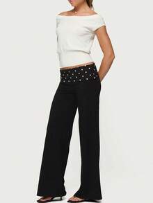 Womens Fold Over Yoga Pants Low Waist Contrast Color Wide Leg Flare Pants Sweatpants - Chấm bi đen - Xem 5