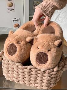 1 双可爱卡通水豚毛绒拖鞋，适合冬季的平底室内拖鞋，适合男孩和女孩 - 棕色 - 查看 13