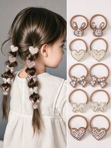 10pcs Girls Bowknot/Heart/Rabbit Rhinestone Decor Hair Accessories, Cute Princess Hair Ties, Elastic Hair Bands, Hair Scrunchies, Non-Damaging - Multicolor - View 8