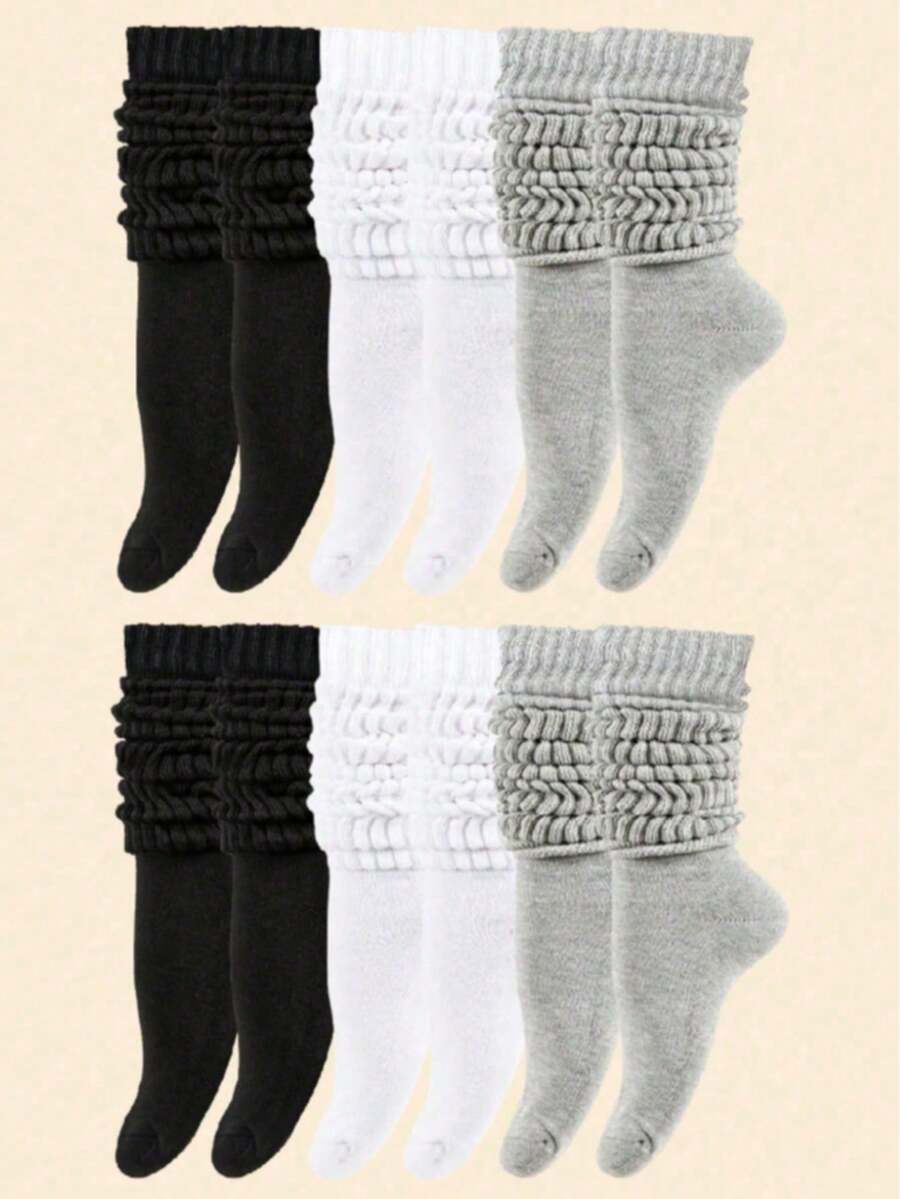 1/3/6 Pairs Women's Autumn/Winter Warm Oblique Collar Knit Socks, Simple Solid Color Oblique Collar Socks, Women's Thick Collar Socks, Unisex Round Collar Socks, Plush Socks In Black, White And Gray, Comfortable, Breathable, Fashionable, Perfect For Hiking, Back To School, Halloween And Christmas Gifts, Cozy Socks