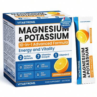 Vitastrong Magnesium And Potassium 10-In-1 – Multivitamin Supplement With Vitamin C And B Vitamins, 24 Sticks, Sugar-Free, GMO-Free, And Gluten-Free, Orange Flavor