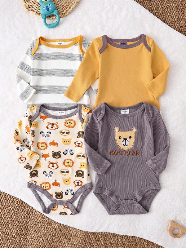 4 Stück Neugeborene Herbst und Winter Neue Langarm Krabbel Kleidung für Jungen und Mädchen, Baby Baby Dreieck Jumpsuit, Bär Löwe Tiermuster