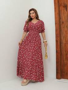 A&DD MODA, REF: 165 Women's Short-Sleeved Floral Dress With Pleated Elastic And A Ruffled Hem. Brazilian Ribbed Style, Ideal For Dances, Conferences, And Formal Events. The Dress Is Fitted To The Body And Made Of Smooth Fabric. - 酒紅色 - View 3
