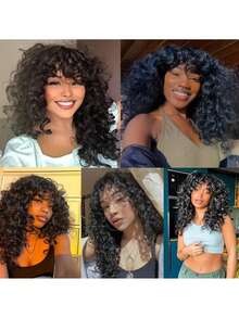Synthetic Heat Resistant Wigs Bouncy Curls Wigs With Bangs Copper Ginger 20 Inch Natural Black Wig Bangs Wig Daily Used Easy To Wear Beginner Friendly Big Bouncy Fluff Curly Wigs - 1B - Xem 4