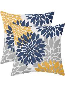 2pcs Blue & Yellow Pillowcase, Gray Gerbera Outdoor Decorative Pillow, Modern Geometric Art Farmhouse Style Pillowcase, Linen Throw Pillow Cover, Home Sofa Bed Decor (Pillow Insert Not Included) - Blue and Yellow - View 6