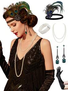 5pcs 1920s Flapper Gatsby Costume Accessories Set 20s Artificial Flapper Feather Headband Vintage Pearl Necklace Gloves Rhinestone Earrings Party Headpiece For Women Prom Halloween - Hairband Set - View 8