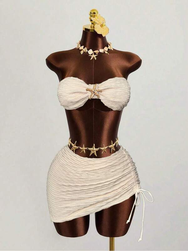 Zestiva Conjunto de bikini de 3 piezas con decoración de estrellas de mar con textura, ropa de playa sexy para vacaciones de verano, festivales y conciertos