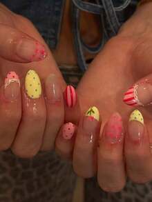 24pcs Medium Glossy Almond Shaped Nails, Classic Yellow Polka Dot French Tip, Pink Grid, Floral, Vertical Striped French Tip Designs, Suitable For Sweet & Cute Girls, Office Ladies, Daily, Date, Beach, Party, Autumn/Winter Gentle Manicure Decor - Multicolor - View 7