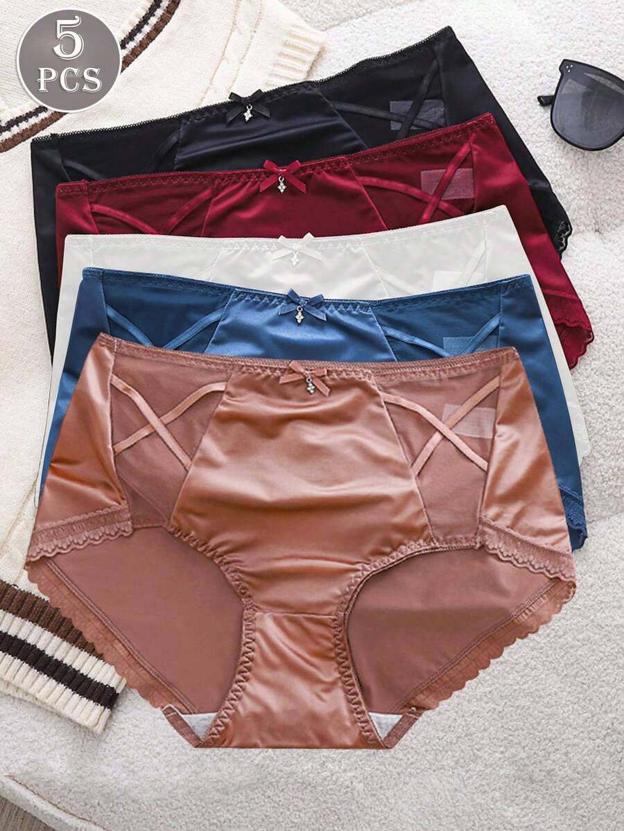 5条/包 女士纯色缎面蕾丝蝴蝶结装饰中腰比基尼内裤 - 彩色 - 查看 1