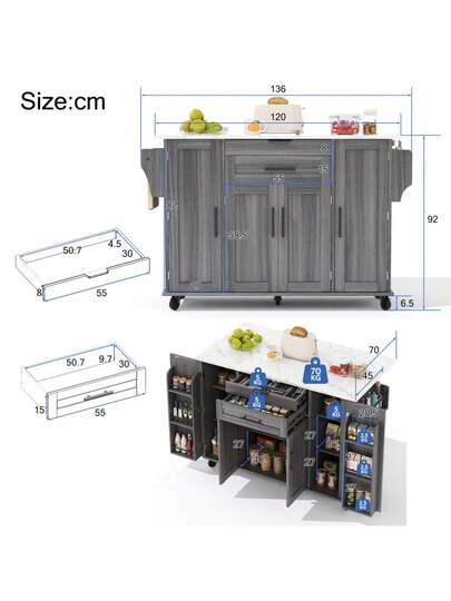 120*45cm, Mobile Kitchen Isl Trolley, Worktop Extends Up To 70cm, Hidden Cutlery Drawer, Adjustable Shelves, Spice Rack Towel Holder, Kitchen, Dining Room Or Living view 7