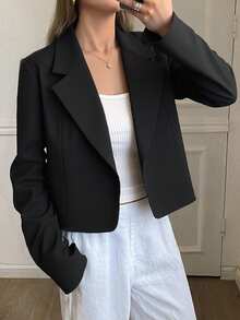 Livesso Spring And Autumn Casual Solid Color Turn-Down Collar Short Blazer Jacket,Fall Women Clothes - Black - View 4