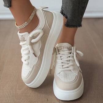 1 Pair Round Toe Lace-Up Sneakers, Versatile Casual Wear, Anti-Slip, Suitable For Teenage Girls